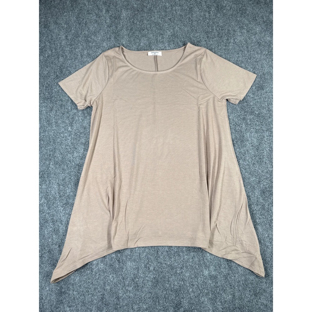 Zenana Women 2X Tan Khaki Short Sleeve Sharkbite Hem Tunic Top NEW